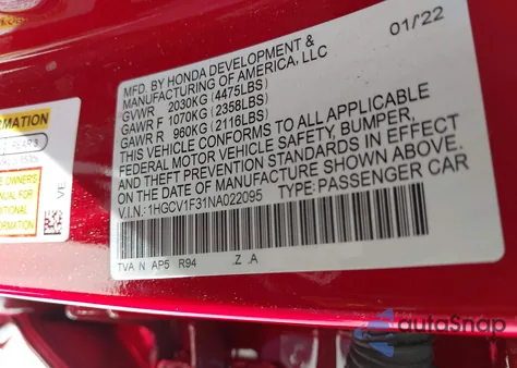 2022 Honda Accord Sport z USA, uszkodzony, nr VIN 1HGCV1F31NA022095